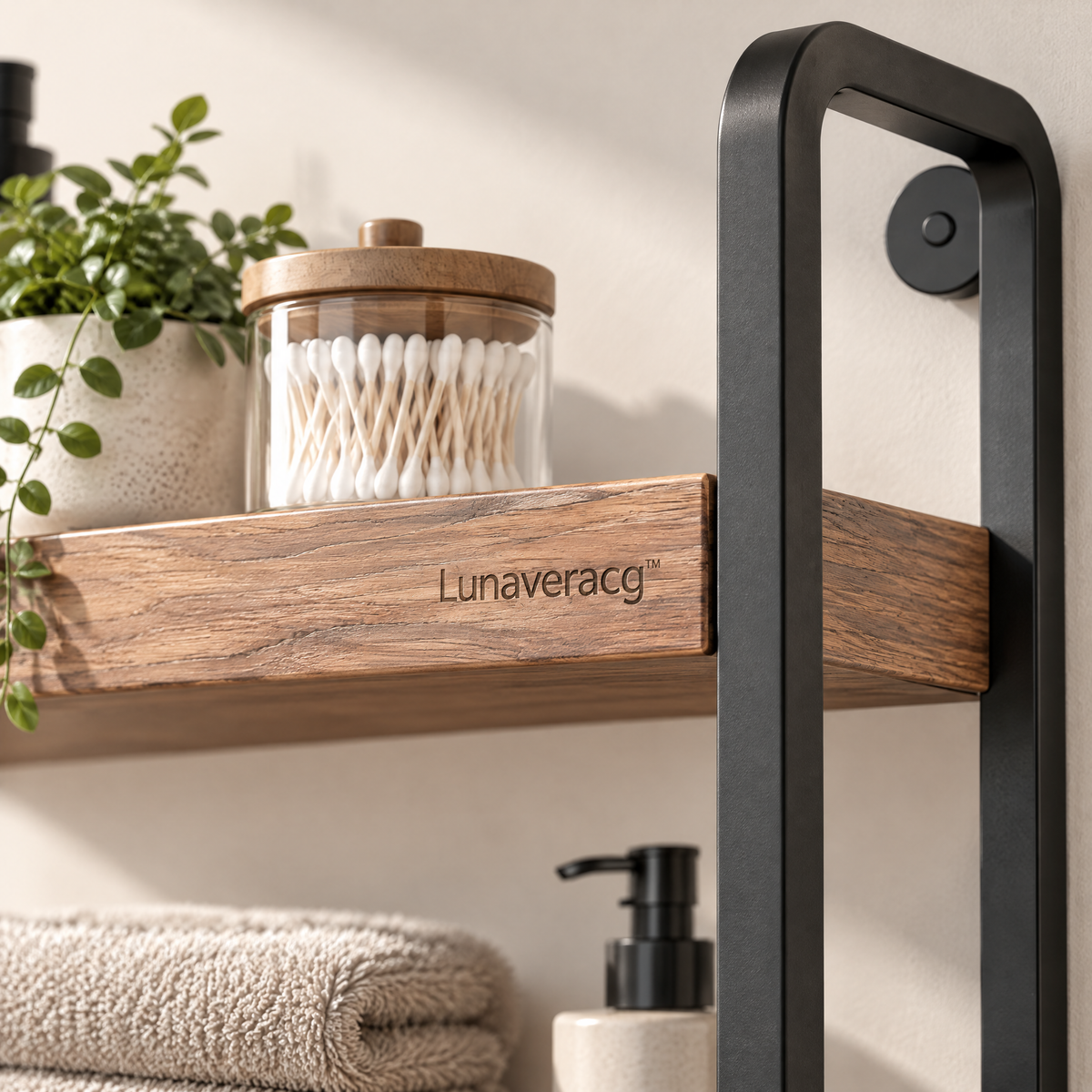 Lunaveracg™ Wall-Mounted 2-Tier Bathroom Shelf | Wood & Metal Storage Rack with Towel Bar