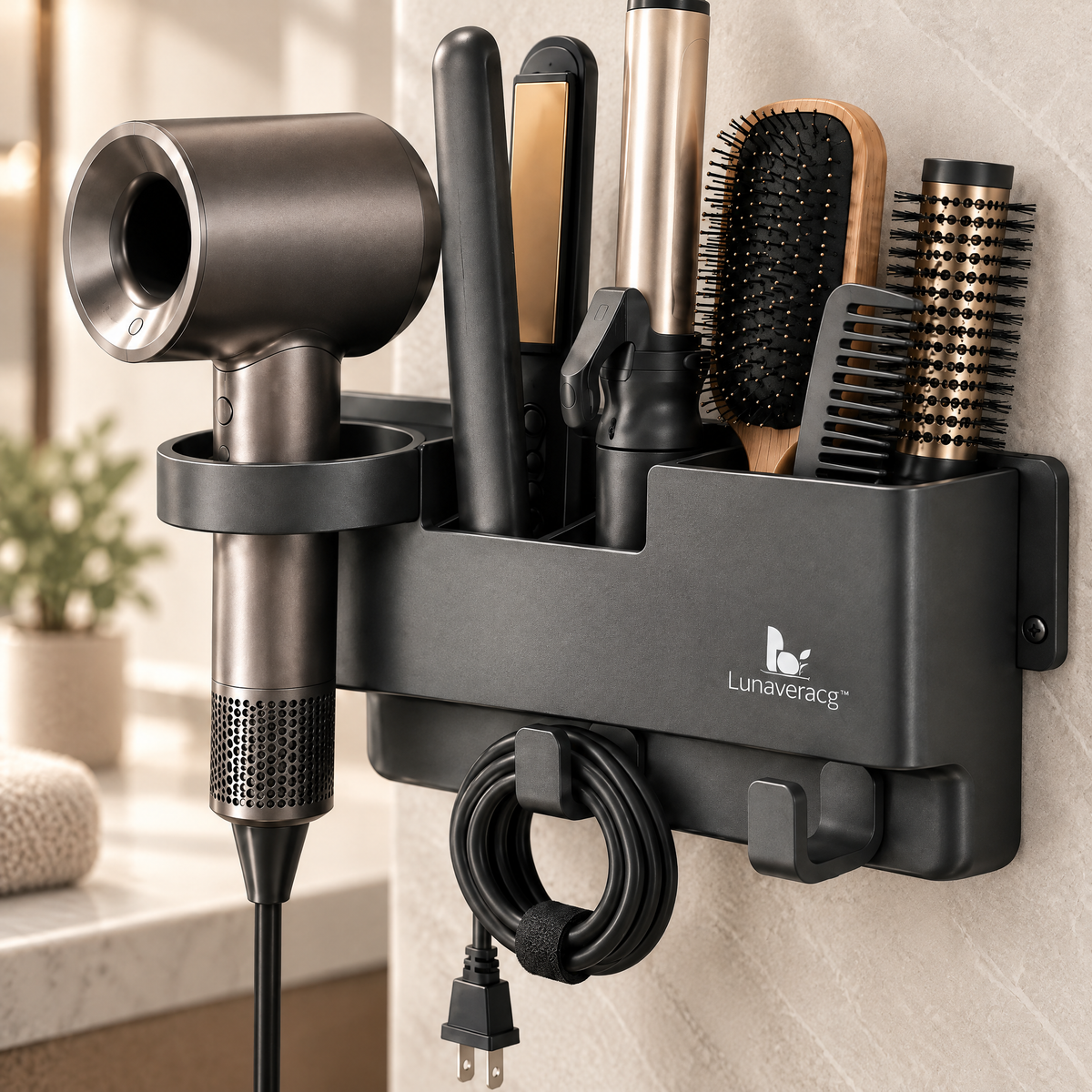 Lunaveracg™ Wall-Mounted Hair Tool Organizer | Multi-Compartment Bathroom Storage Rack for Hair Dryer, Styling Tools & Accessories