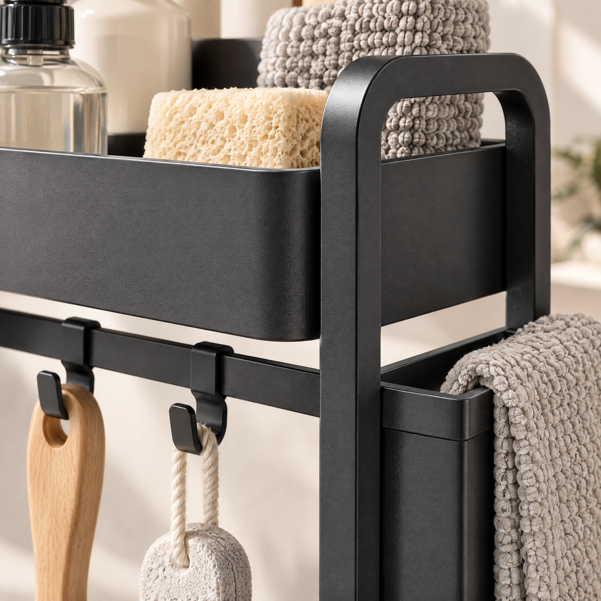Lunaveracg™ Freestanding Bathroom Cleaning Tool Organizer | 2-Tier Storage Rack with Multi-Use Hooks & Side Towel Holder