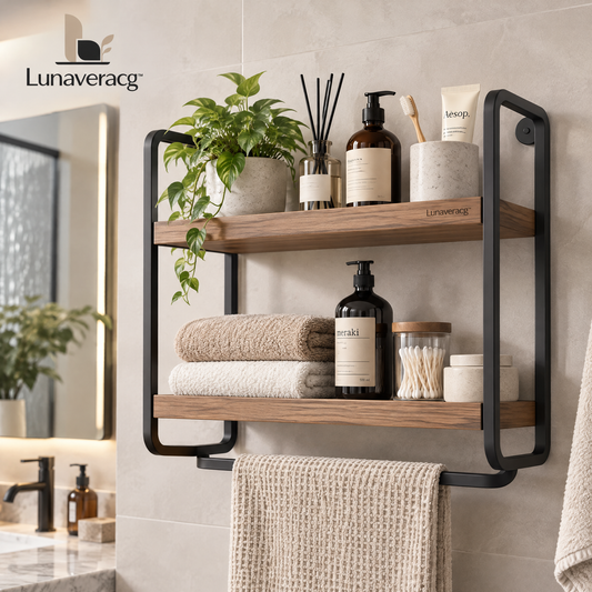 Lunaveracg™ Wall-Mounted 2-Tier Bathroom Shelf | Wood & Metal Storage Rack with Towel Bar
