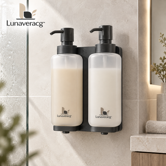 Lunaveracg™ Wall-Mounted Dual Soap Dispenser | 2-Bottle Bathroom & Shower Pump Organizer with Rust-Resistant Frame