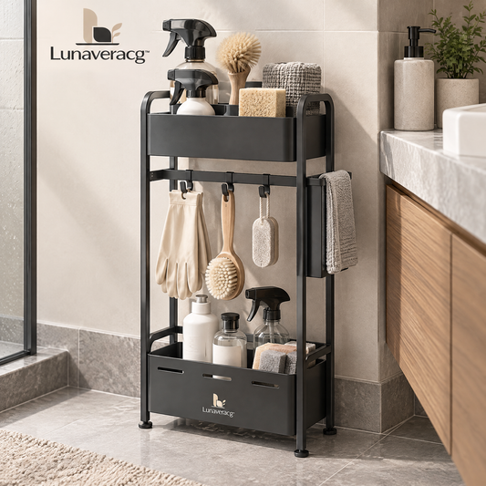 Lunaveracg™ Freestanding Bathroom Cleaning Tool Organizer | 2-Tier Storage Rack with Multi-Use Hooks & Side Towel Holder