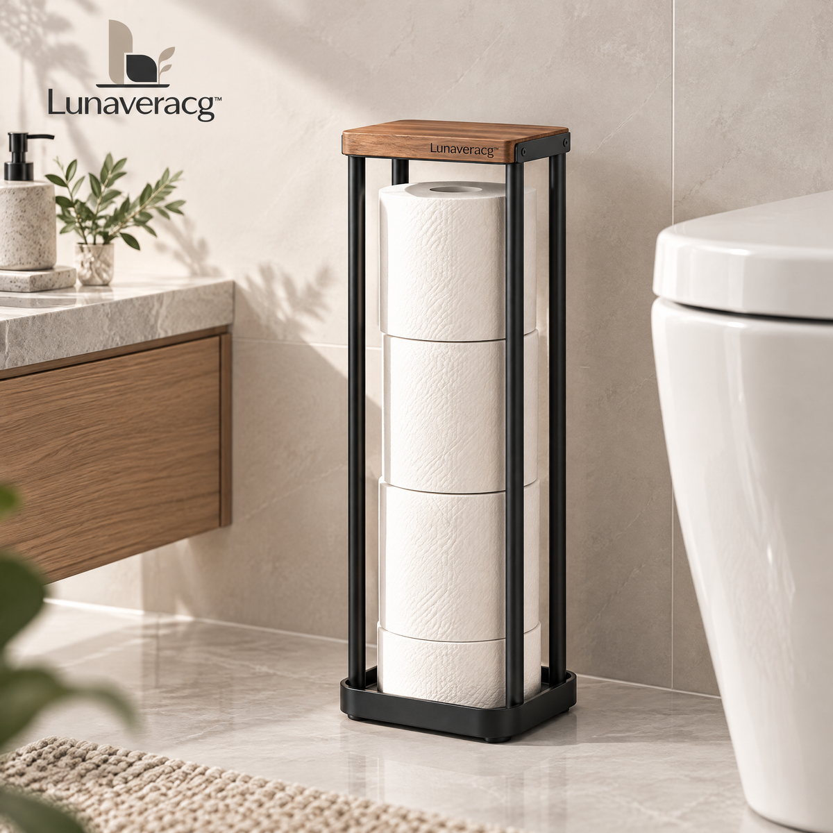 Lunaveracg™ Freestanding Toilet Paper Storage Stand | Slim Bathroom Roll Holder with Natural Wood Top