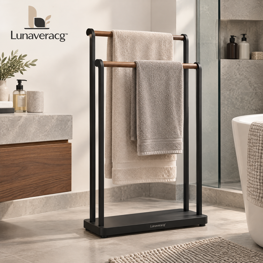 Lunaveracg™ Freestanding 2-Tier Towel Rack | Natural Wood Bars with Rust-Resistant Metal Frame