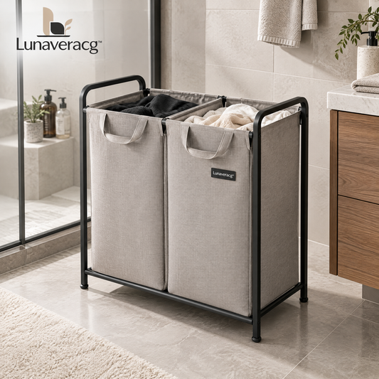 Lunaveracg™ Dual Compartment Laundry Hamper | 2-Section Fabric Laundry Sorter with Rust-Resistant Metal Frame
