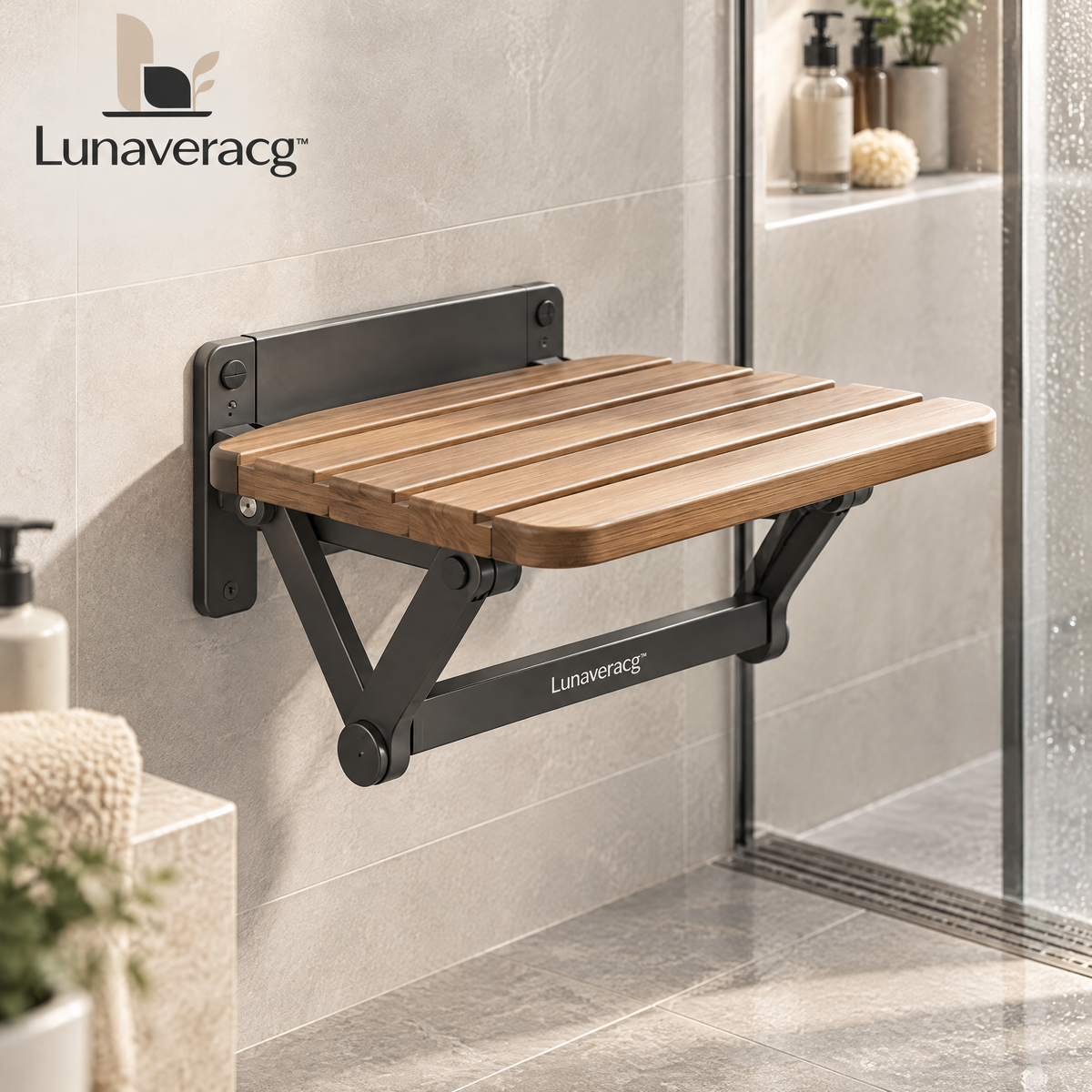Lunaveracg™ Wall-Mounted Folding Shower Seat | Space-Saving Bathroom Bench with Wood Slat Seat & Rust-Resistant Frame