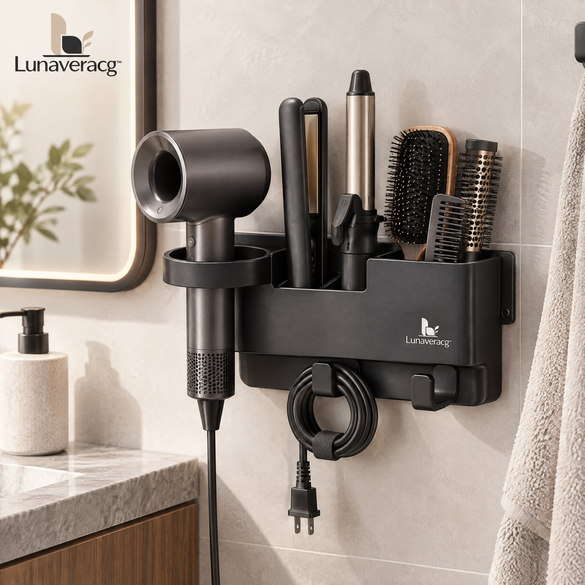 Lunaveracg™ Wall-Mounted Hair Tool Organizer | Multi-Compartment Bathroom Storage Rack for Hair Dryer, Styling Tools & Accessories
