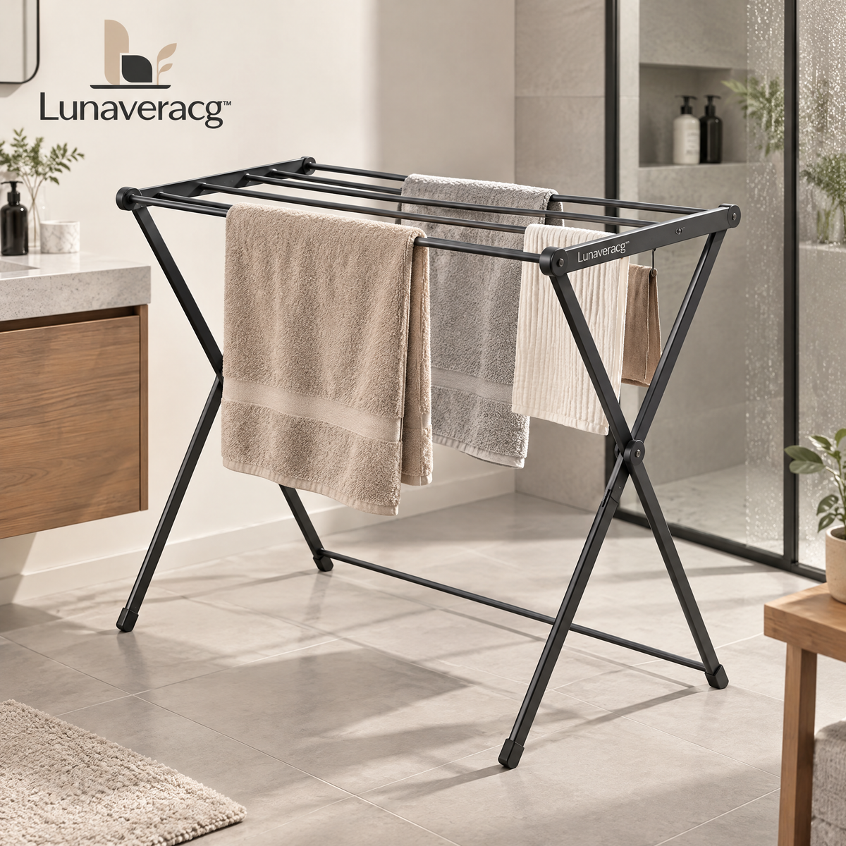 Lunaveracg™ Foldable Freestanding Towel Drying Rack | Space-Saving Bathroom Laundry Stand with Rust-Resistant Frame