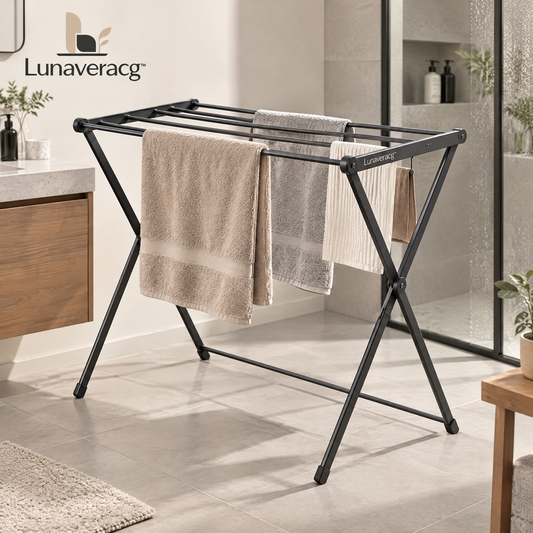 Lunaveracg™ Foldable Freestanding Towel Drying Rack | Space-Saving Bathroom Laundry Stand with Rust-Resistant Frame
