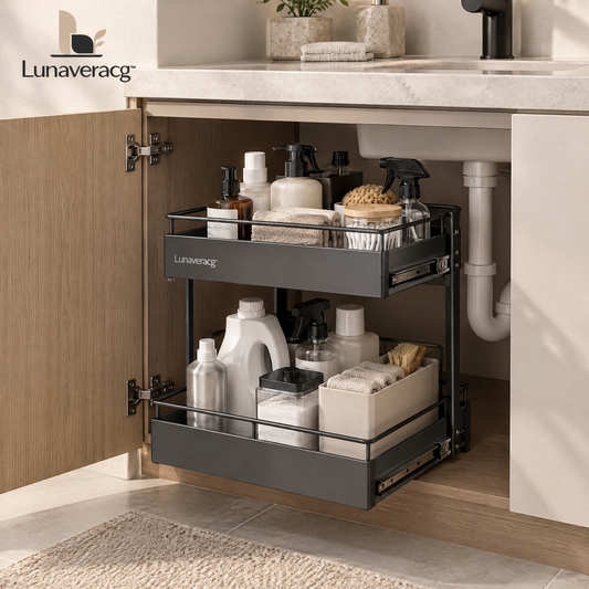 Lunaveracg™ 2-Tier Pull-Out Under-Sink Organizer | Sliding Bathroom Cabinet Storage Rack with Quick-Drain Shelves