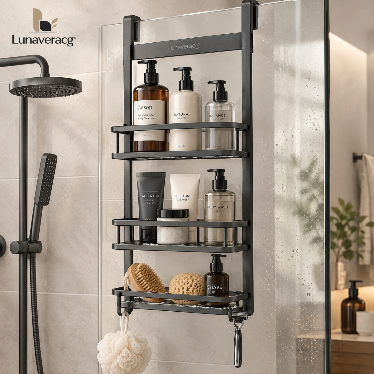 Lunaveracg™ 3-Tier Over-the-Door Shower Caddy | Slim Bathroom Organizer with Quick-Drain Shelves & Hanging Hooks
