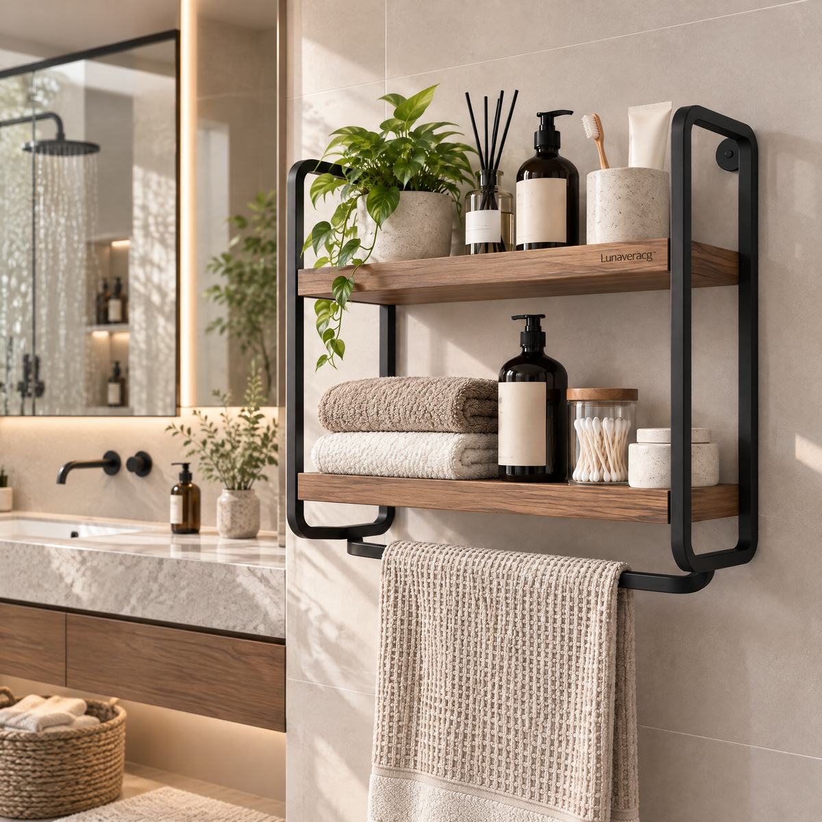 Lunaveracg™ Wall-Mounted 2-Tier Bathroom Shelf | Wood & Metal Storage Rack with Towel Bar