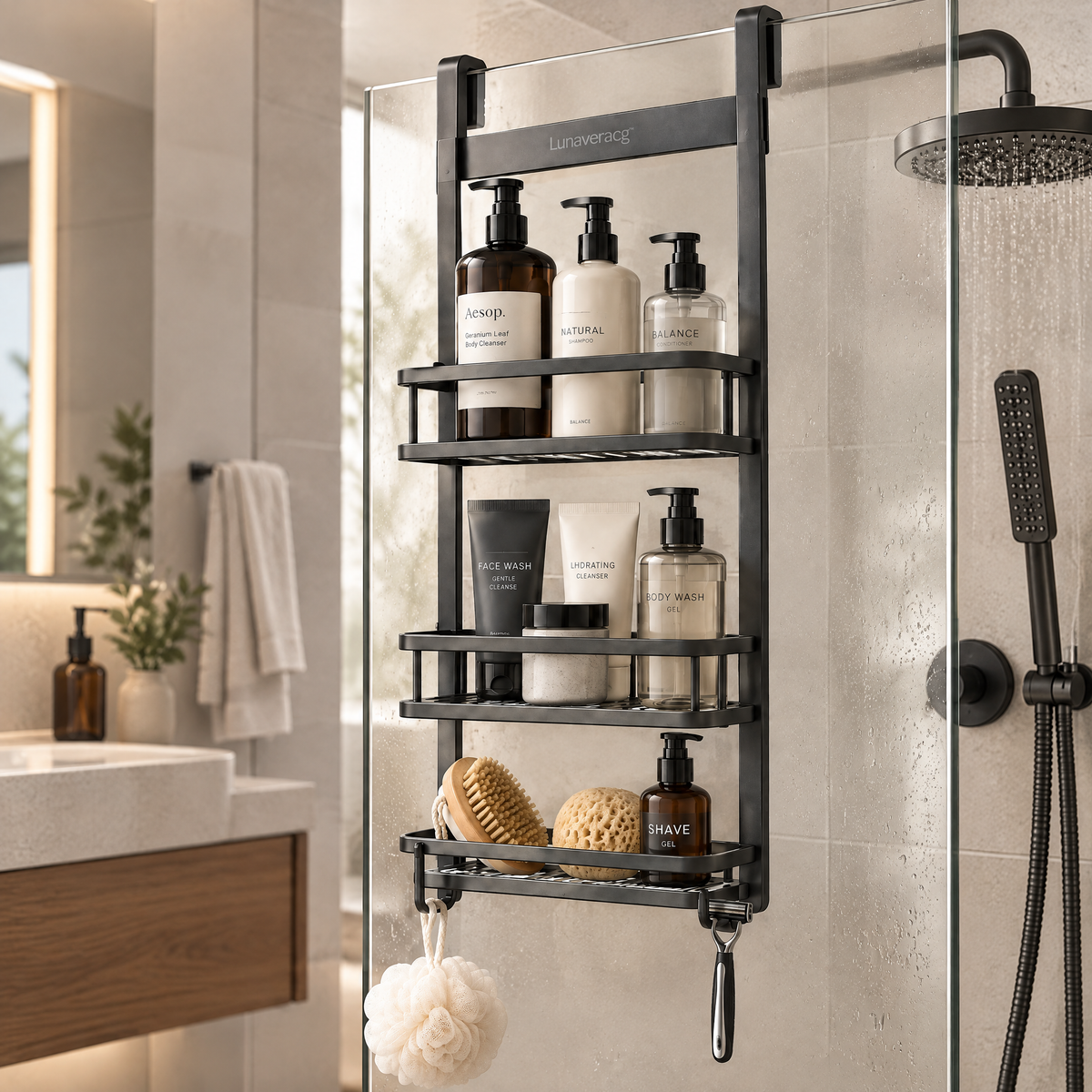 Lunaveracg™ 3-Tier Over-the-Door Shower Caddy | Slim Bathroom Organizer with Quick-Drain Shelves & Hanging Hooks