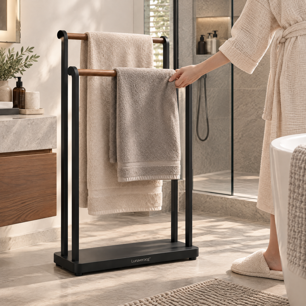 Lunaveracg™ Freestanding 2-Tier Towel Rack | Natural Wood Bars with Rust-Resistant Metal Frame