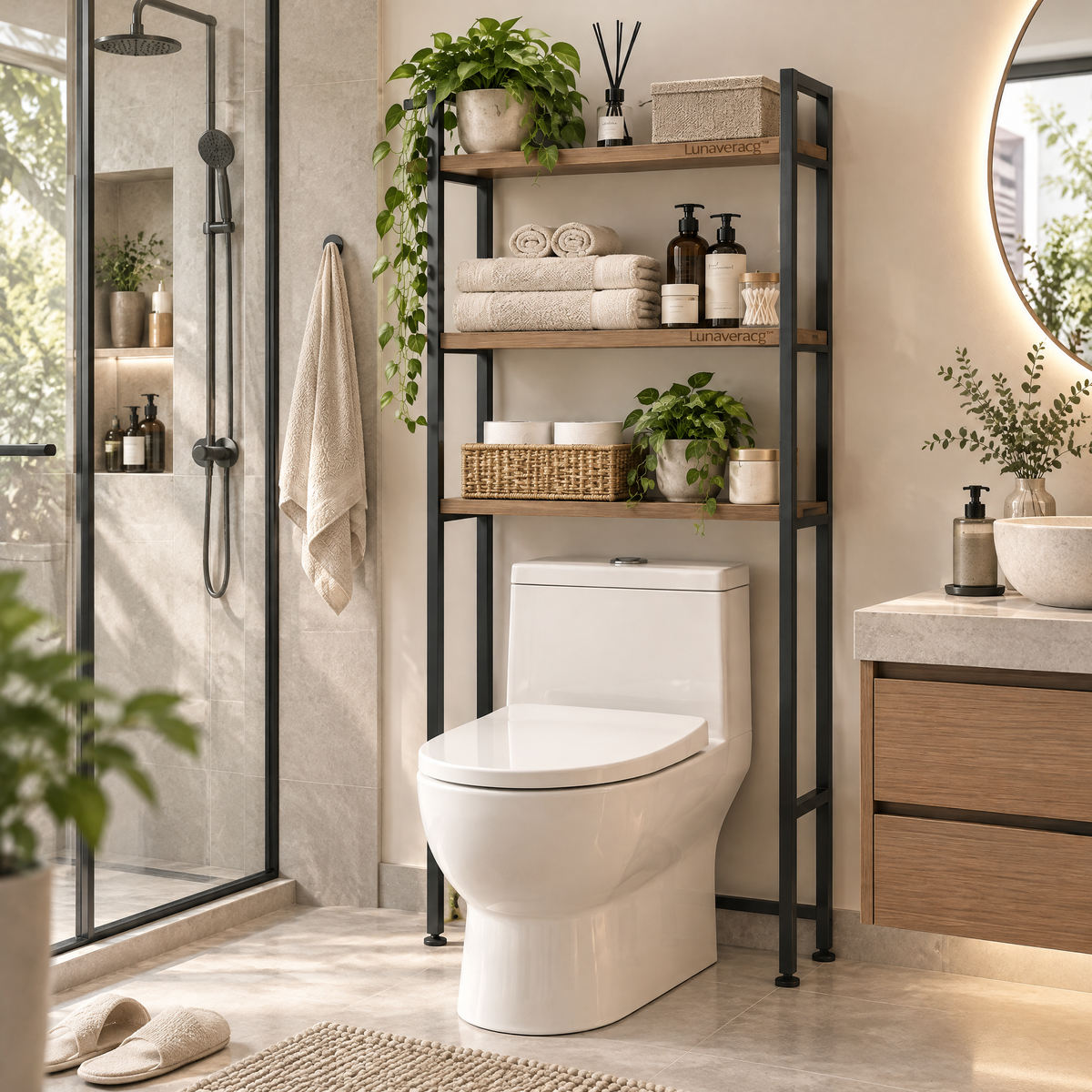 Lunaveracg™ Over-the-Toilet Storage Rack | 3-Tier Bathroom Organizer with Wood Shelves & Rust-Resistant Metal Frame