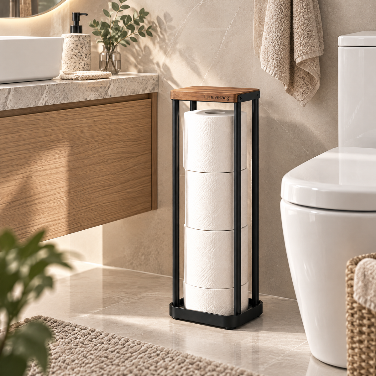 Lunaveracg™ Freestanding Toilet Paper Storage Stand | Slim Bathroom Roll Holder with Natural Wood Top