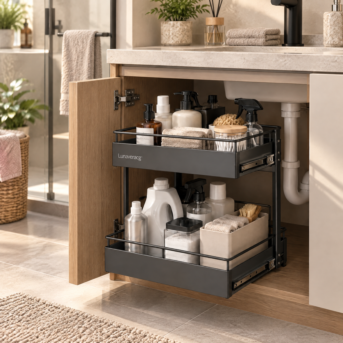 Lunaveracg™ 2-Tier Pull-Out Under-Sink Organizer | Sliding Bathroom Cabinet Storage Rack with Quick-Drain Shelves