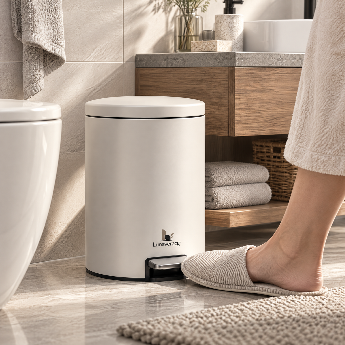 Lunaveracg™ Bathroom Pedal Bin | Compact Soft-Close Step Trash Can with Moisture-Resistant Finish