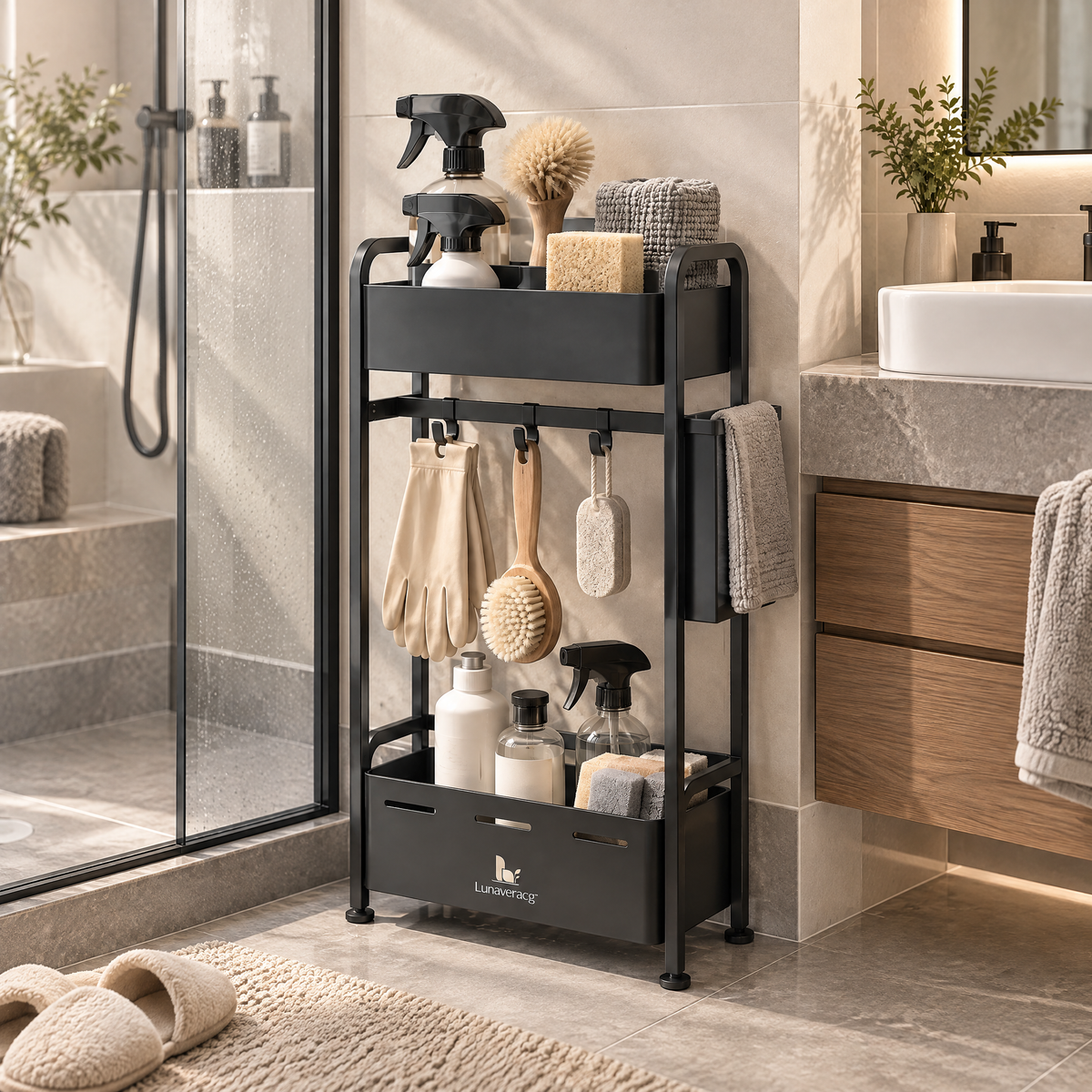 Lunaveracg™ Freestanding Bathroom Cleaning Tool Organizer | 2-Tier Storage Rack with Multi-Use Hooks & Side Towel Holder