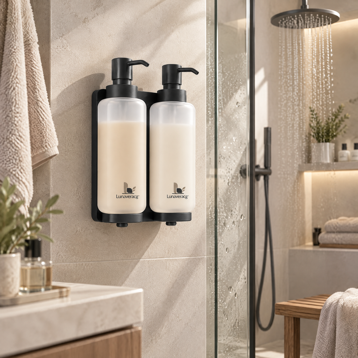Lunaveracg™ Wall-Mounted Dual Soap Dispenser | 2-Bottle Bathroom & Shower Pump Organizer with Rust-Resistant Frame