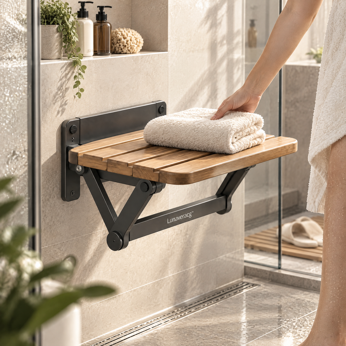 Lunaveracg™ Wall-Mounted Folding Shower Seat | Space-Saving Bathroom Bench with Wood Slat Seat & Rust-Resistant Frame