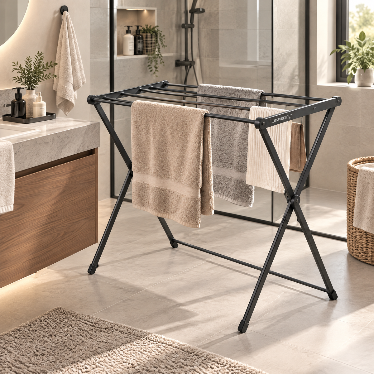 Lunaveracg™ Foldable Freestanding Towel Drying Rack | Space-Saving Bathroom Laundry Stand with Rust-Resistant Frame