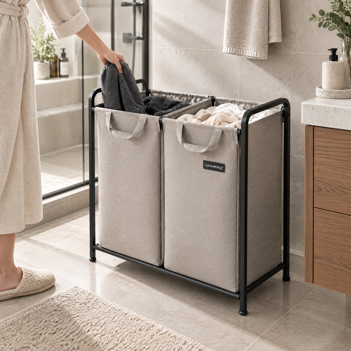 Lunaveracg™ Dual Compartment Laundry Hamper | 2-Section Fabric Laundry Sorter with Rust-Resistant Metal Frame