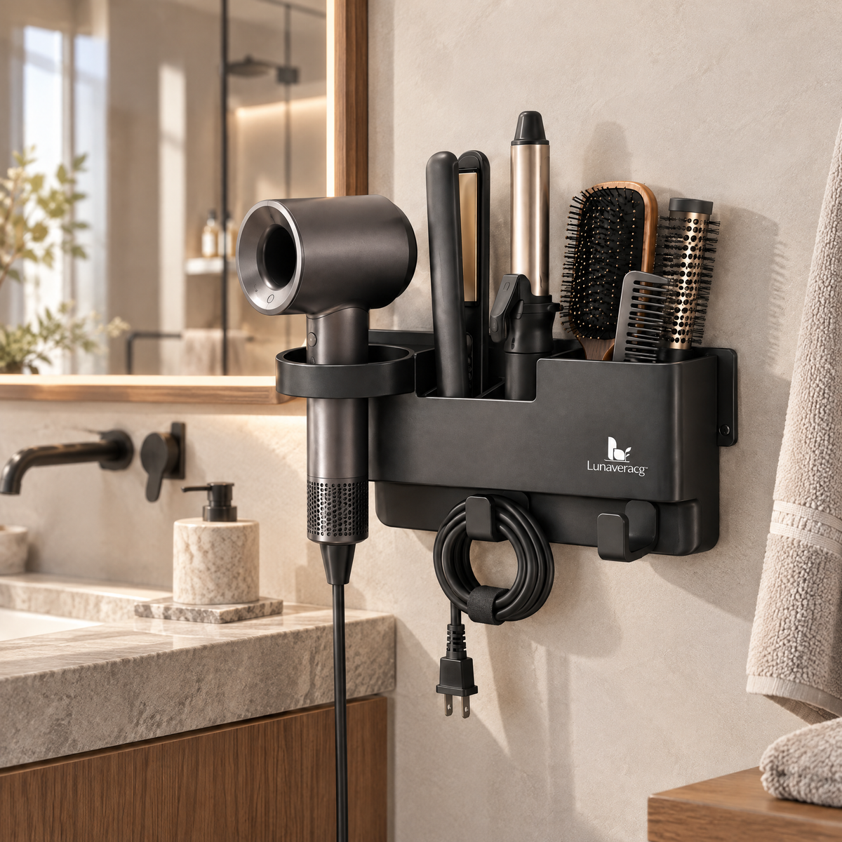 Lunaveracg™ Wall-Mounted Hair Tool Organizer | Multi-Compartment Bathroom Storage Rack for Hair Dryer, Styling Tools & Accessories