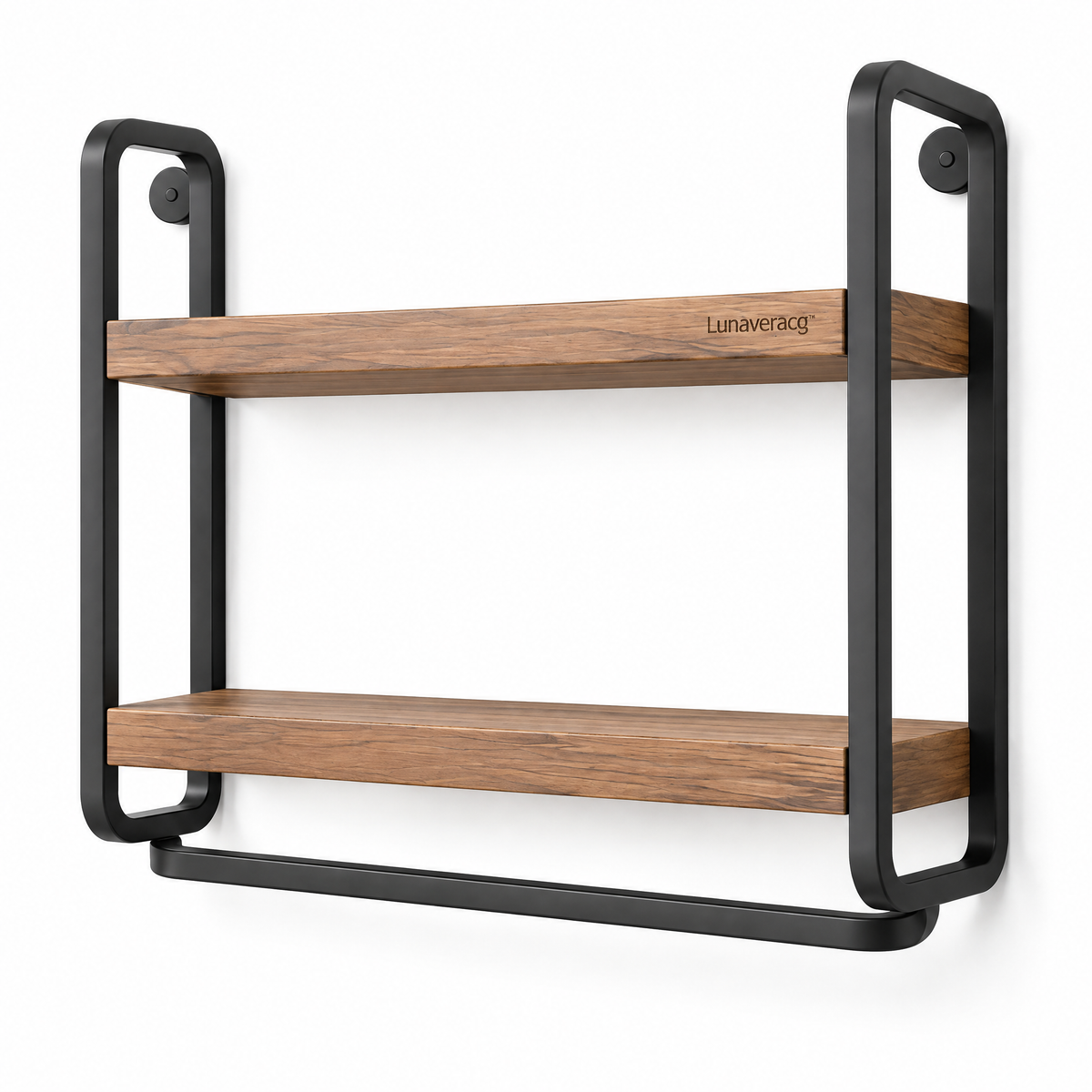 Lunaveracg™ Wall-Mounted 2-Tier Bathroom Shelf | Wood & Metal Storage Rack with Towel Bar