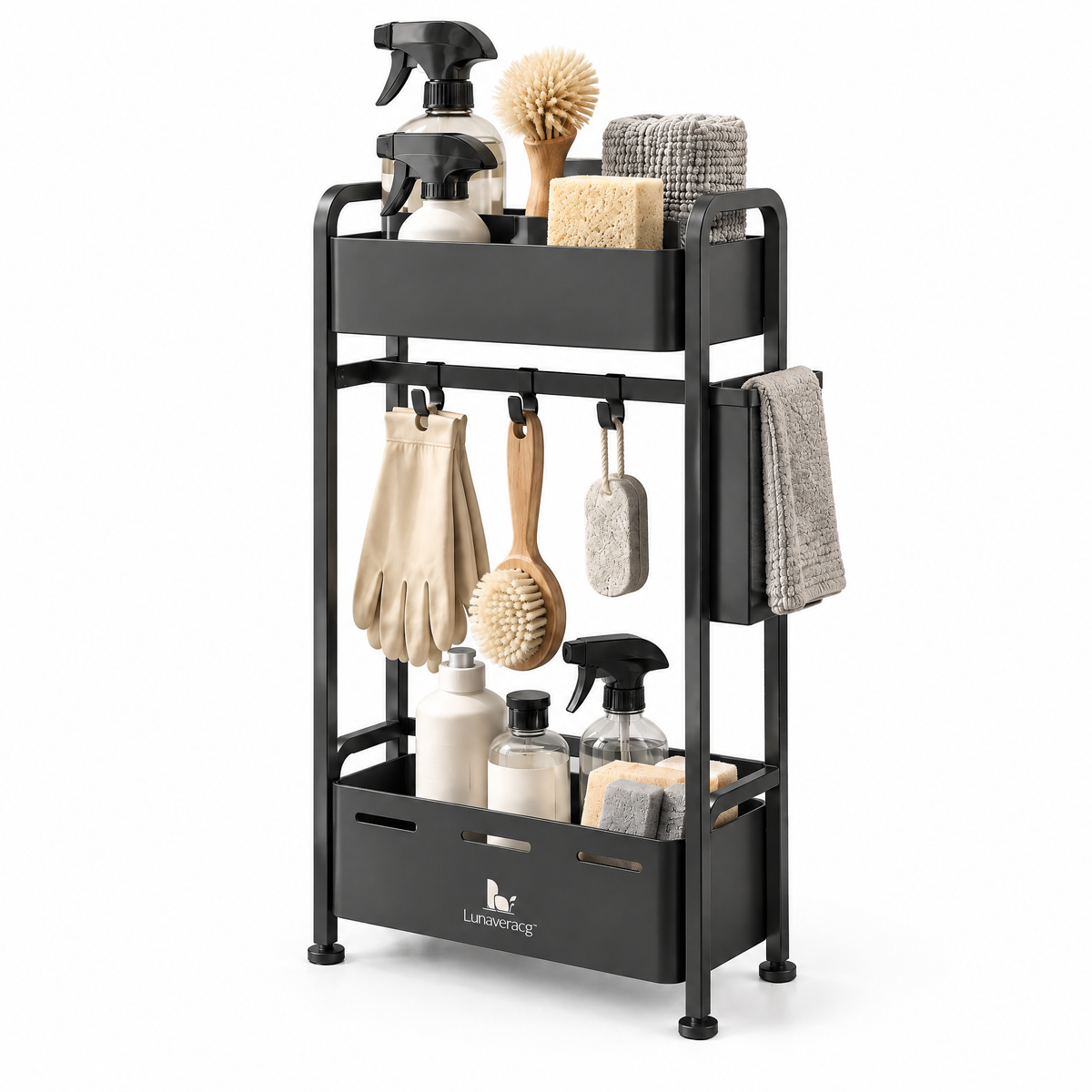 Lunaveracg™ Freestanding Bathroom Cleaning Tool Organizer | 2-Tier Storage Rack with Multi-Use Hooks & Side Towel Holder