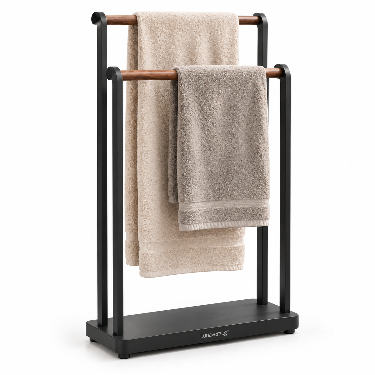 Lunaveracg™ Freestanding 2-Tier Towel Rack | Natural Wood Bars with Rust-Resistant Metal Frame