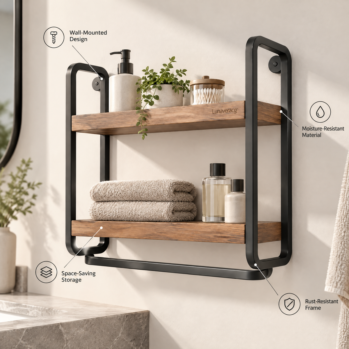 Lunaveracg™ Wall-Mounted 2-Tier Bathroom Shelf | Wood & Metal Storage Rack with Towel Bar