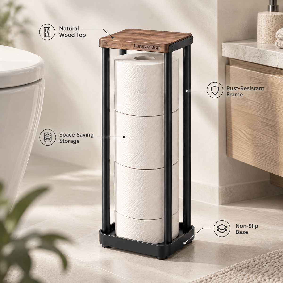 Lunaveracg™ Freestanding Toilet Paper Storage Stand | Slim Bathroom Roll Holder with Natural Wood Top