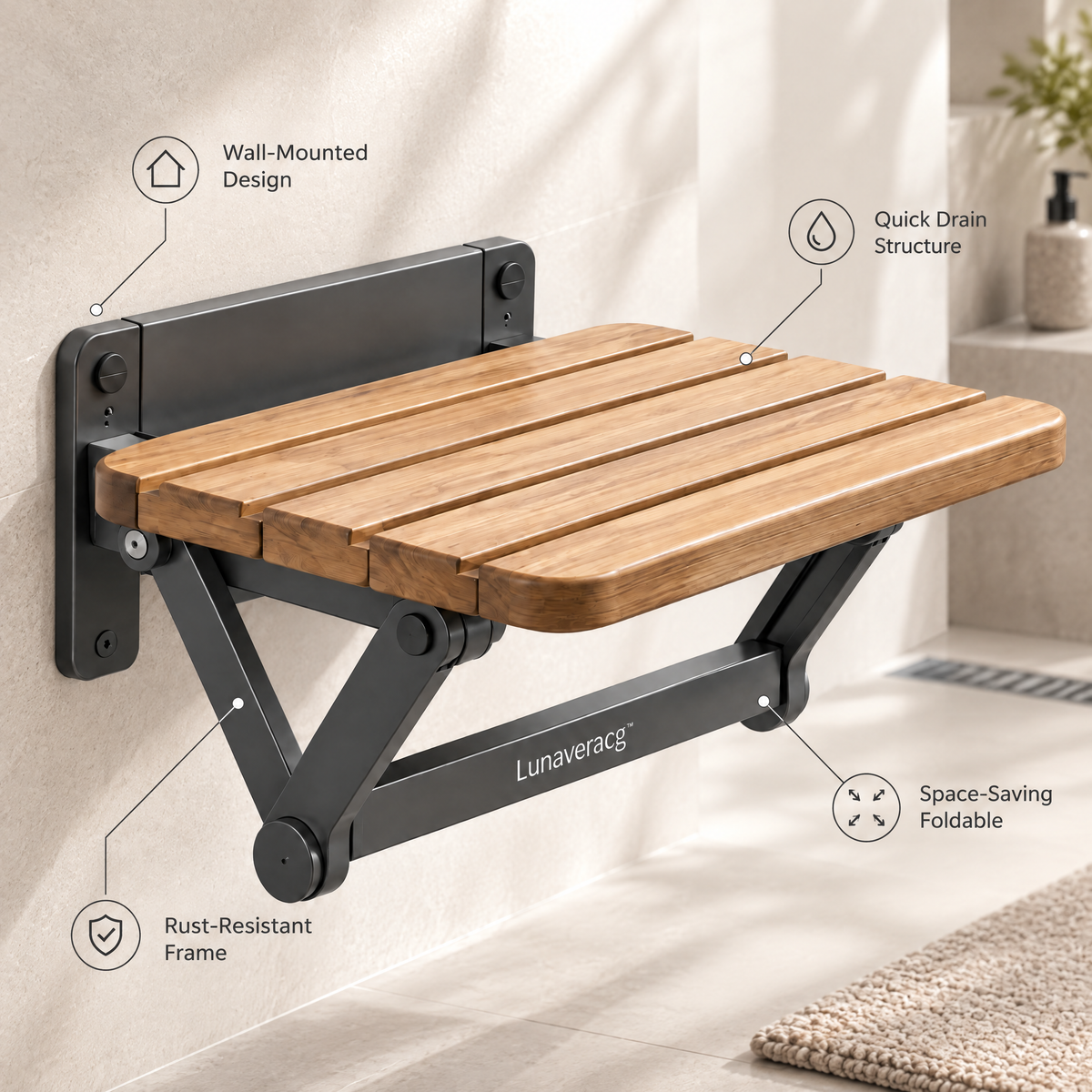 Lunaveracg™ Wall-Mounted Folding Shower Seat | Space-Saving Bathroom Bench with Wood Slat Seat & Rust-Resistant Frame