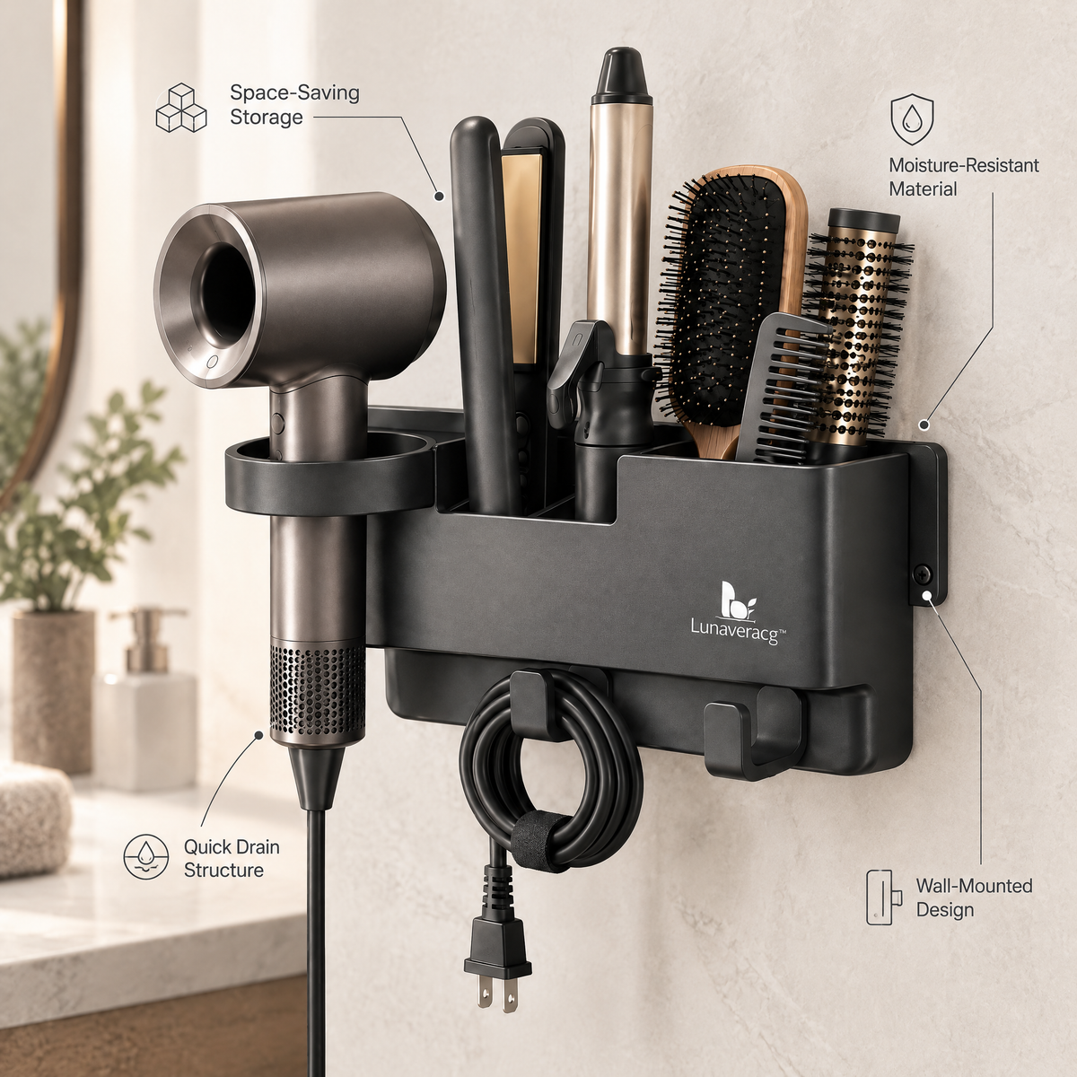 Lunaveracg™ Wall-Mounted Hair Tool Organizer | Multi-Compartment Bathroom Storage Rack for Hair Dryer, Styling Tools & Accessories
