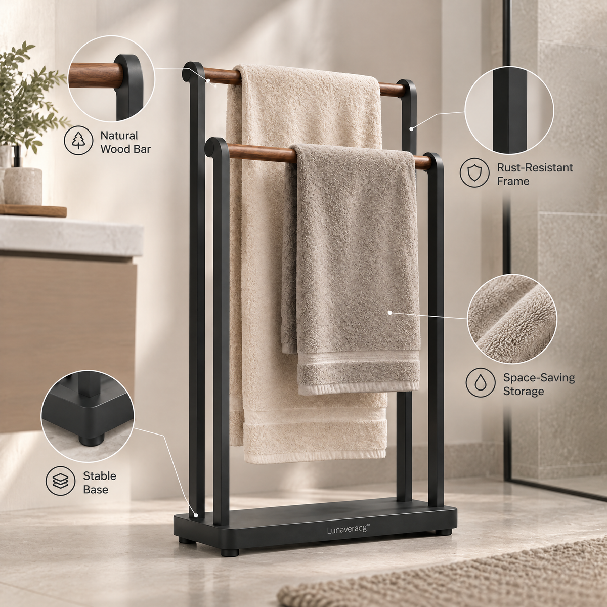 Lunaveracg™ Freestanding 2-Tier Towel Rack | Natural Wood Bars with Rust-Resistant Metal Frame