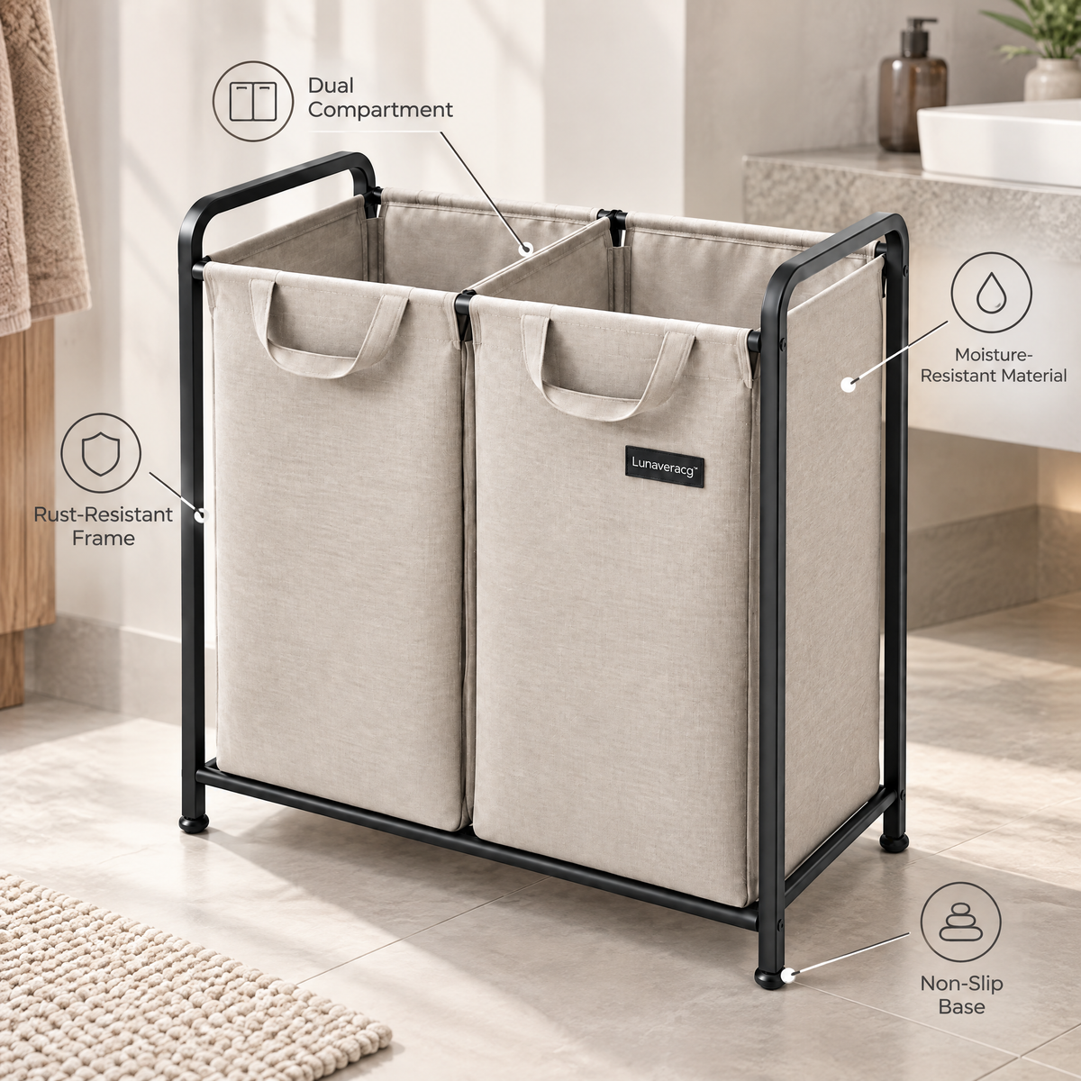 Lunaveracg™ Dual Compartment Laundry Hamper | 2-Section Fabric Laundry Sorter with Rust-Resistant Metal Frame