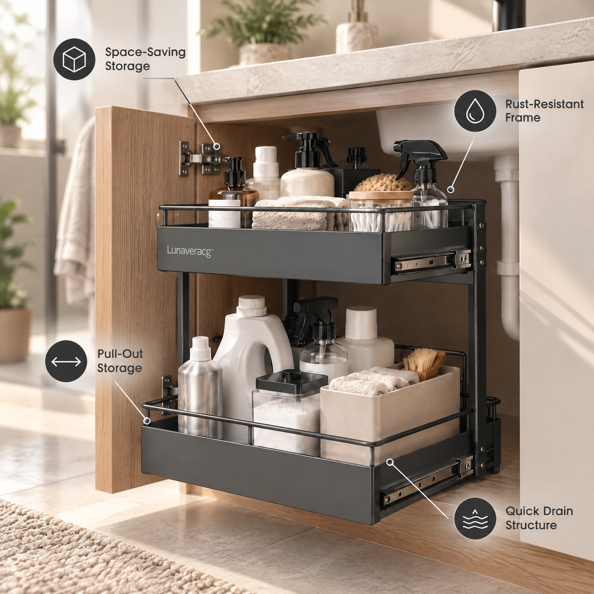 Lunaveracg™ 2-Tier Pull-Out Under-Sink Organizer | Sliding Bathroom Cabinet Storage Rack with Quick-Drain Shelves