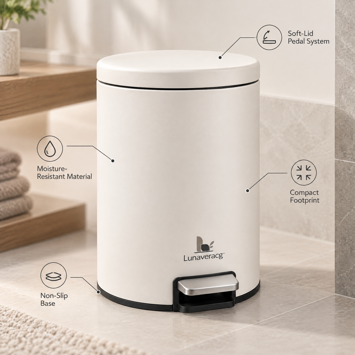Lunaveracg™ Bathroom Pedal Bin | Compact Soft-Close Step Trash Can with Moisture-Resistant Finish