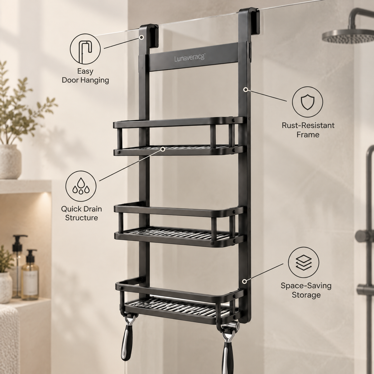 Lunaveracg™ 3-Tier Over-the-Door Shower Caddy | Slim Bathroom Organizer with Quick-Drain Shelves & Hanging Hooks