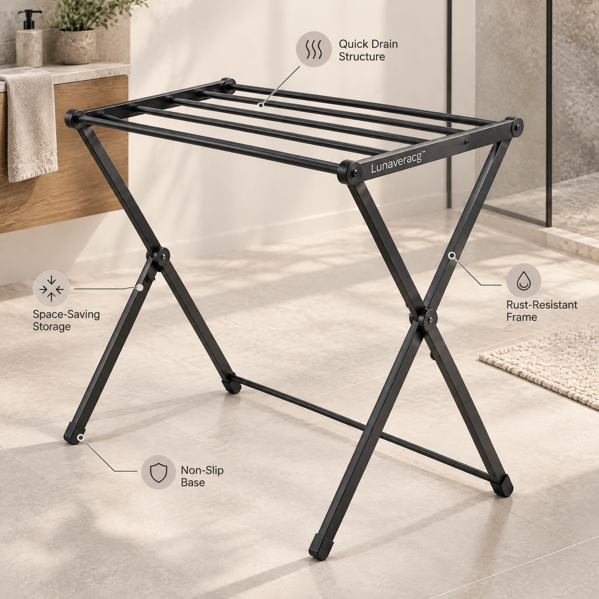 Lunaveracg™ Foldable Freestanding Towel Drying Rack | Space-Saving Bathroom Laundry Stand with Rust-Resistant Frame