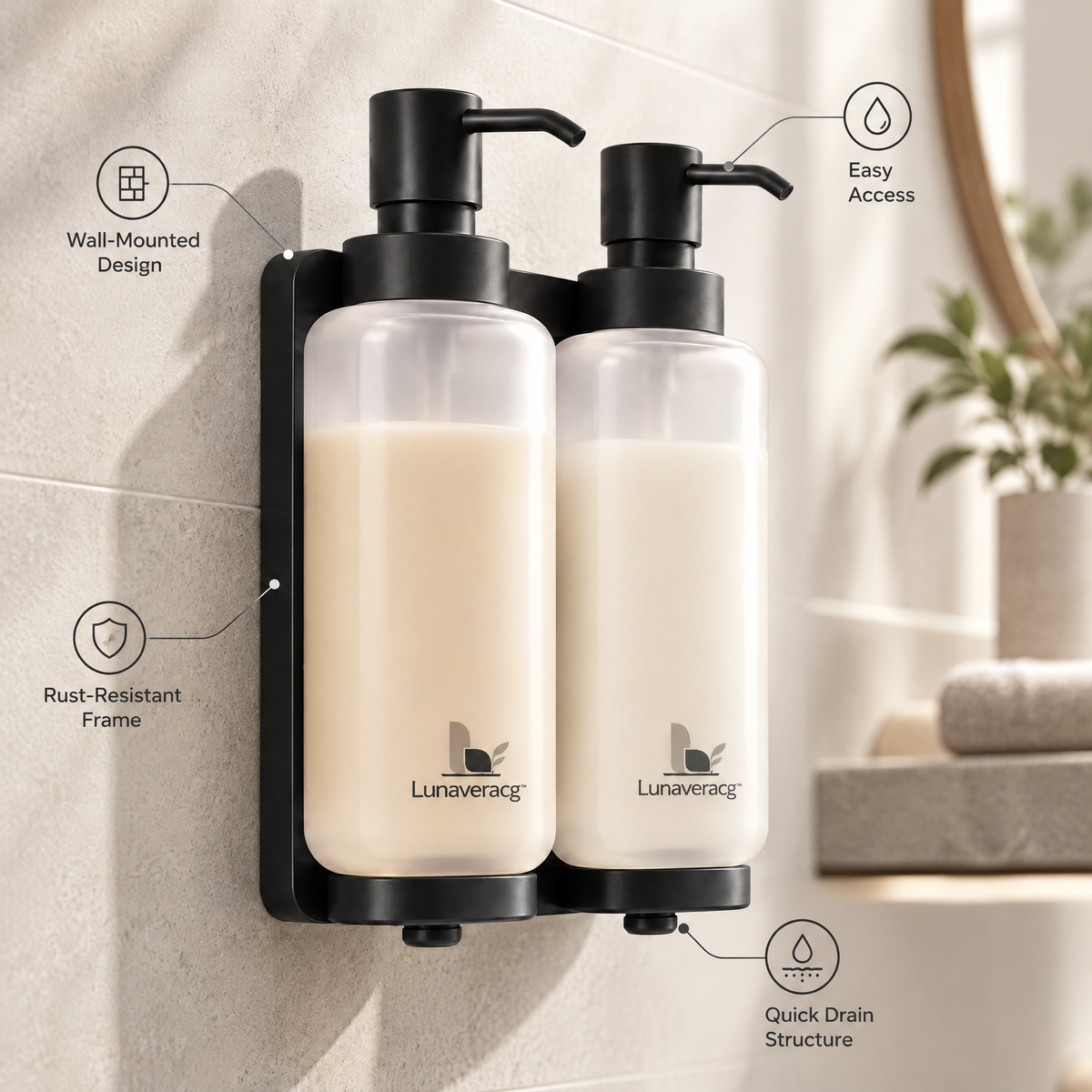 Lunaveracg™ Wall-Mounted Dual Soap Dispenser | 2-Bottle Bathroom & Shower Pump Organizer with Rust-Resistant Frame