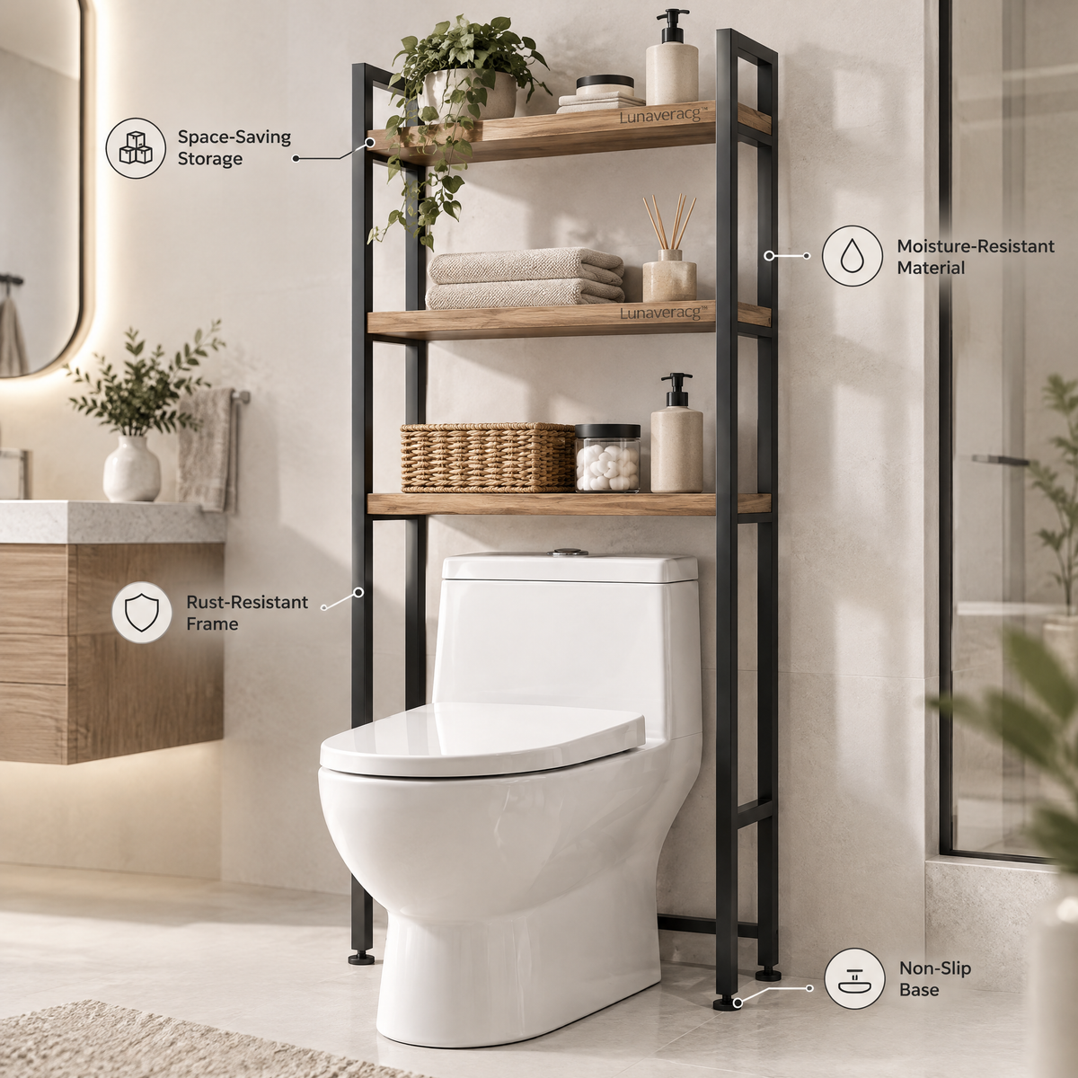 Lunaveracg™ Over-the-Toilet Storage Rack | 3-Tier Bathroom Organizer with Wood Shelves & Rust-Resistant Metal Frame