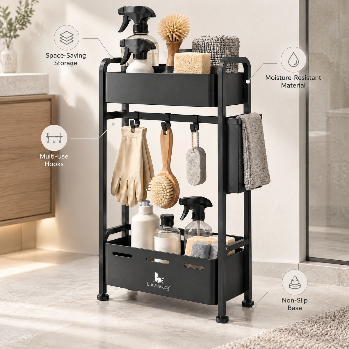 Lunaveracg™ Freestanding Bathroom Cleaning Tool Organizer | 2-Tier Storage Rack with Multi-Use Hooks & Side Towel Holder