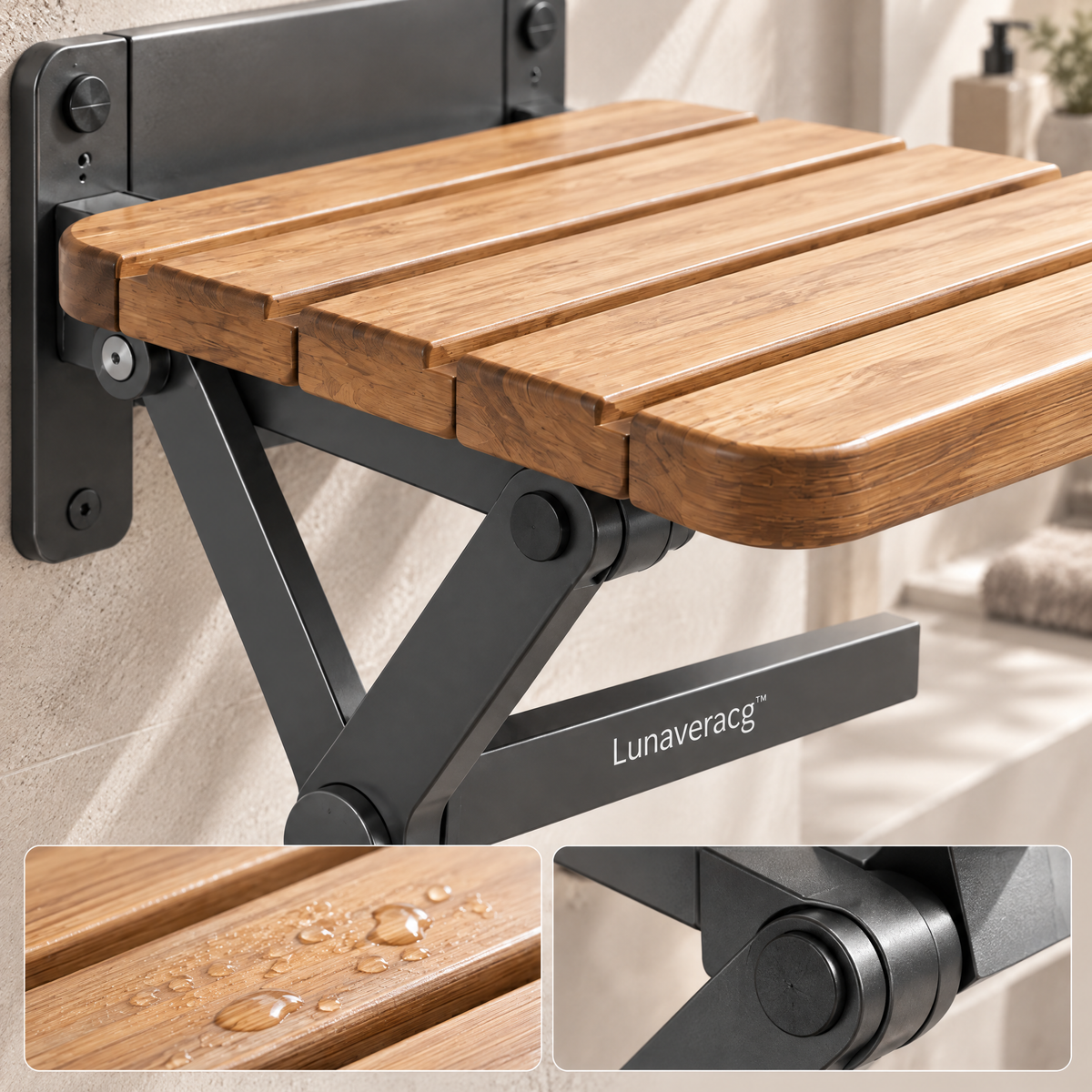 Lunaveracg™ Wall-Mounted Folding Shower Seat | Space-Saving Bathroom Bench with Wood Slat Seat & Rust-Resistant Frame