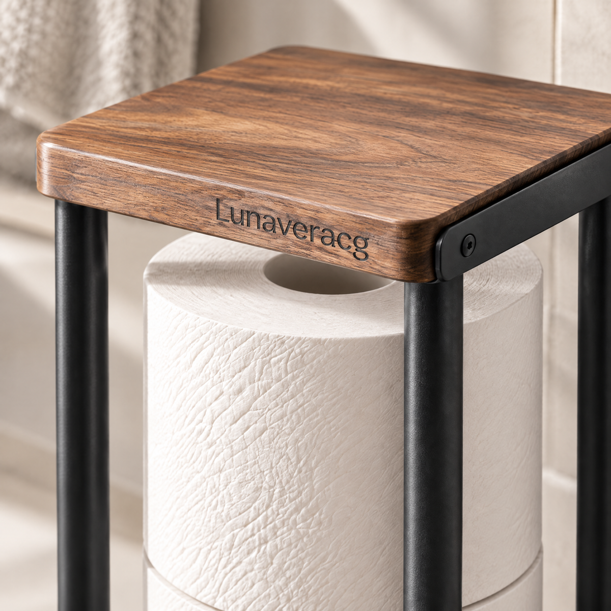 Lunaveracg™ Freestanding Toilet Paper Storage Stand | Slim Bathroom Roll Holder with Natural Wood Top