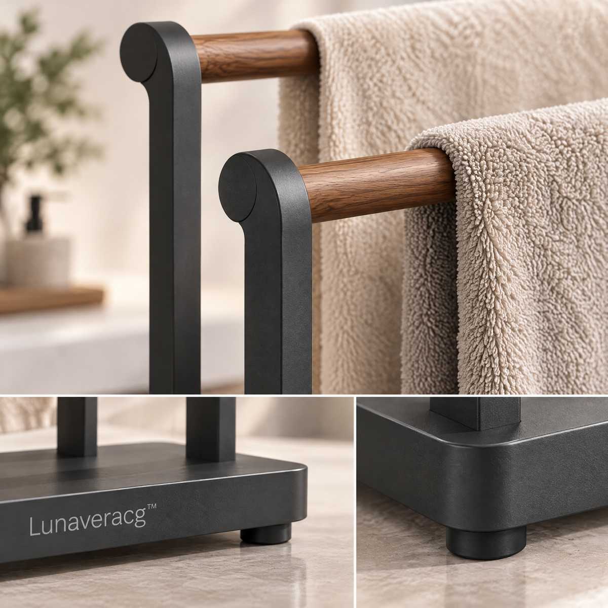Lunaveracg™ Freestanding 2-Tier Towel Rack | Natural Wood Bars with Rust-Resistant Metal Frame